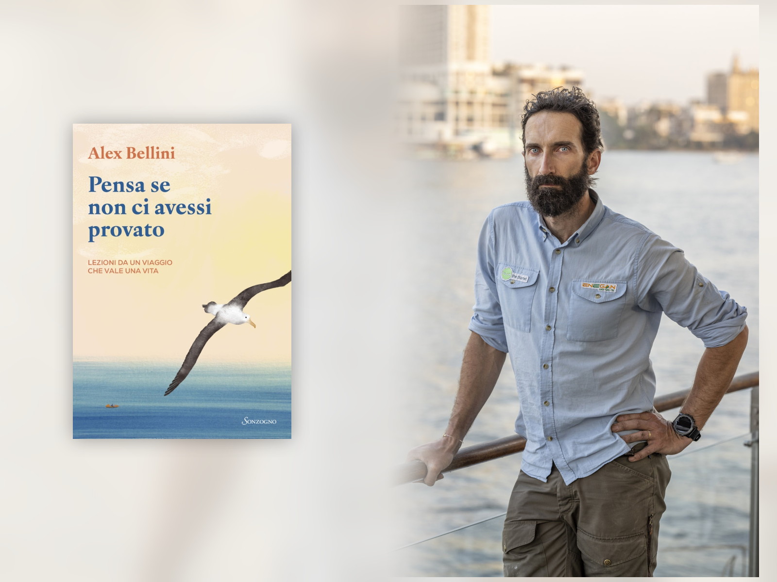 Alex Bellini accanto alla copertina del libro Pensa se non ci avessi provato.