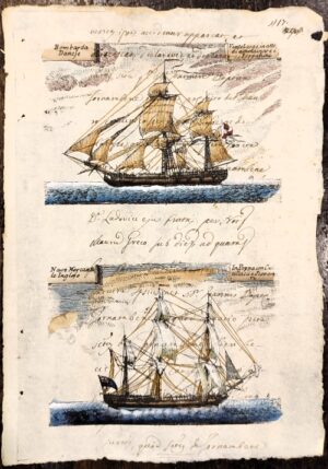 bastimenti su carta antica - bombarda danese e nave mercantile inglese