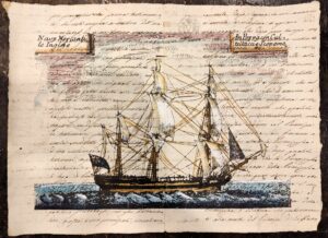 bastimento su carta antica - nave mercantile inglese - in poppa con cultellacci e scopamari