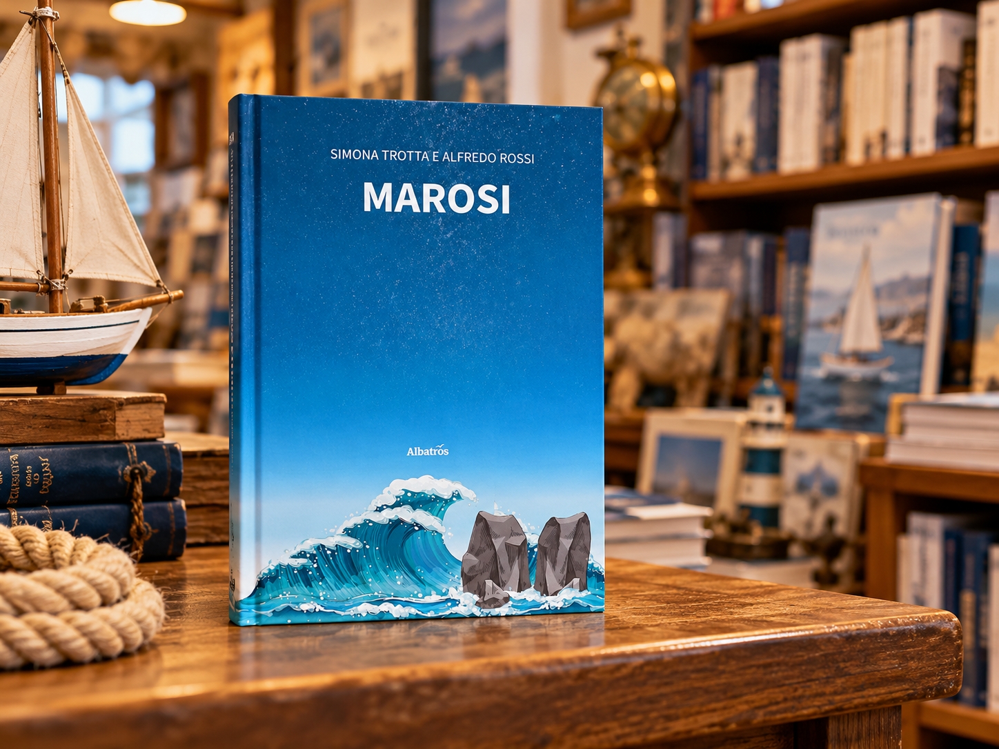 Il libro Marosi di Simona Trotta e Alfredo Rossi su un tavolo della Libreria del Mare.