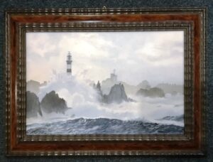oil on canvas "faro di creac'h durante una tempesta"