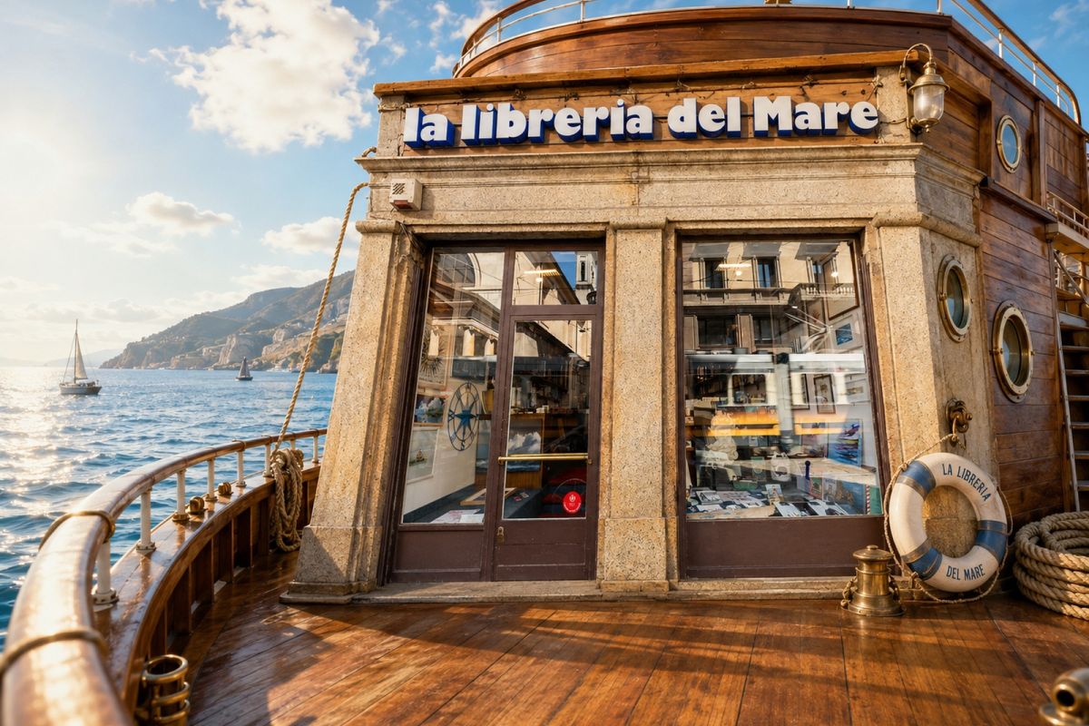 La Libreria del Mare raffigurata come una nave sul mare per gli orari estivi 2026